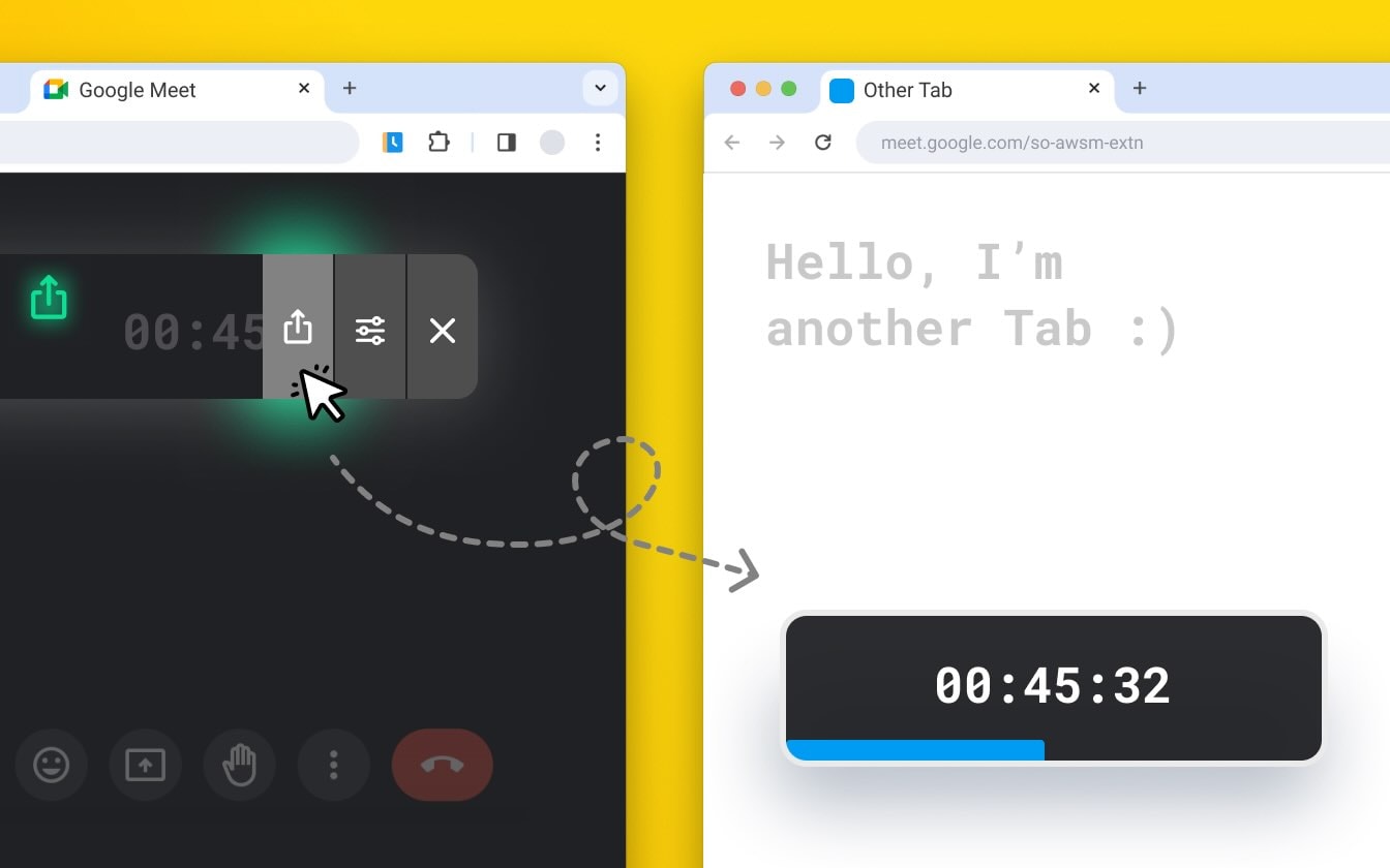 Google Meet Timer - Chrome Extension. Sharing Timer on other tabs.