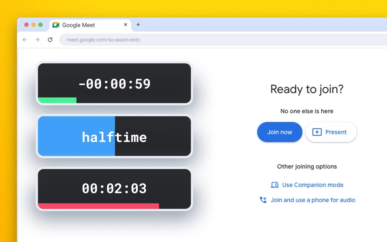 Meeting Timer - for Google Meet - Chrome Extension - Different states of the timer.